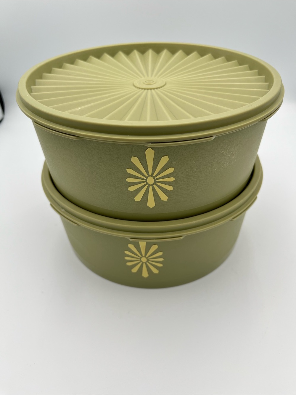 Vintage Tupperware Servalier Canisters, Avocado, Sun Burst 1204 Two Piece Set